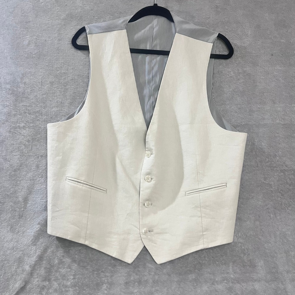 100% Linen Vest Mens Large Beige Neutral Coastal Wedding Beachy Old Money Preppy